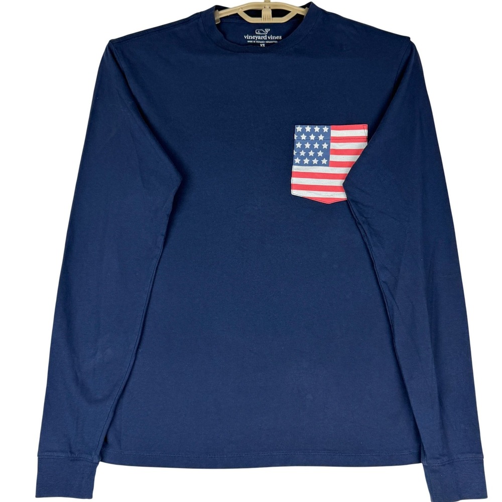 Vineyard Vines Shirt Mens XS Navy American Flag Pocket Long Sleeve Tee